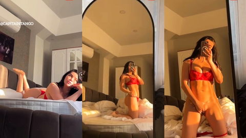 Berfe Ece Talin kırmızı tangasıyla yatakta selfie çekip amını okşuyor